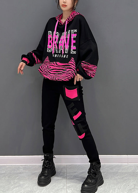 Moderner schwarzer Print Kapuzenpullover und Hose Zweiteiler Set Herbst