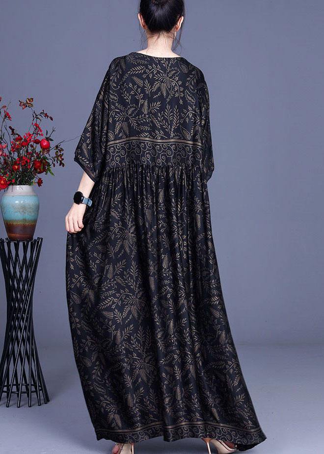 Modern Black Print Silk V Neck Dresses Summer - SooLinen