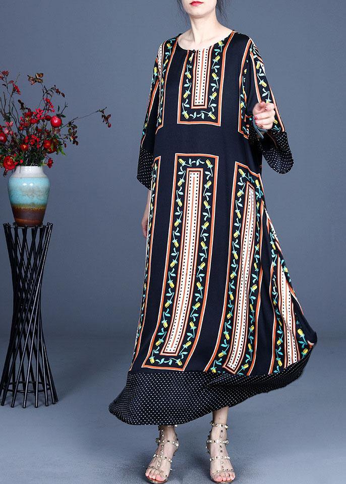 Modern Black Print Summer Silk Long Dresses Long sleeve - SooLinen