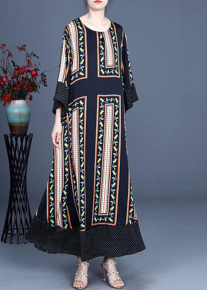 Modern Black Print Summer Silk Long Dresses Long sleeve - SooLinen