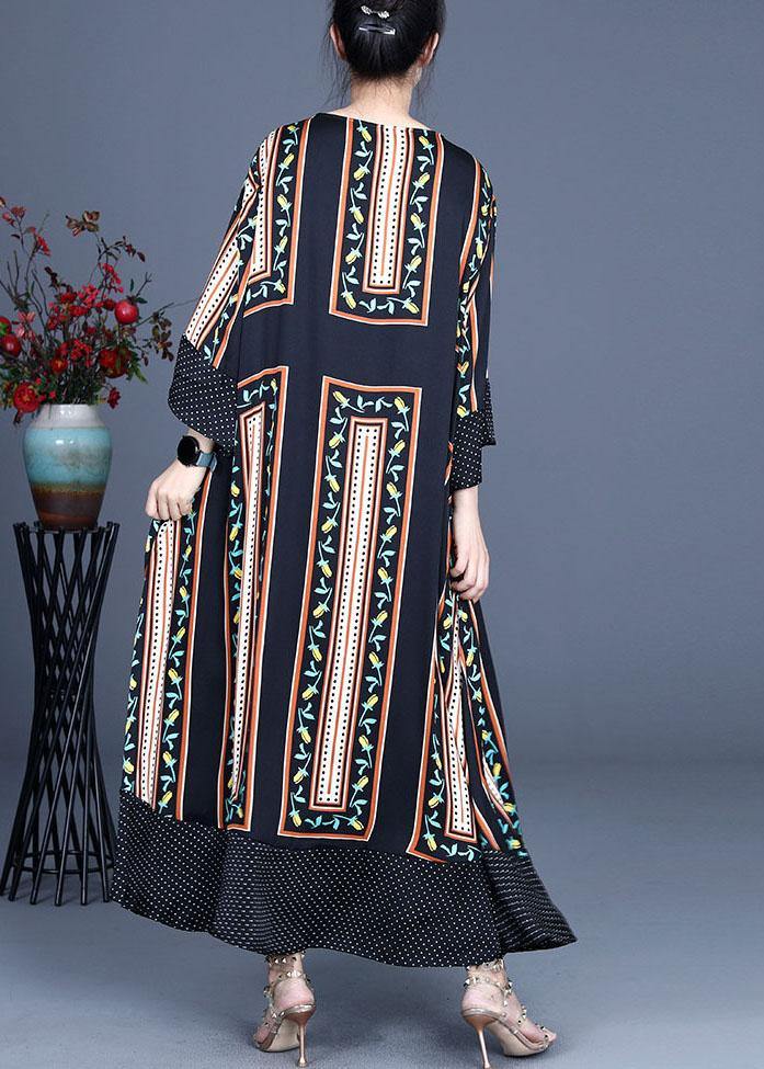 Modern Black Print Summer Silk Long Dresses Long sleeve - SooLinen