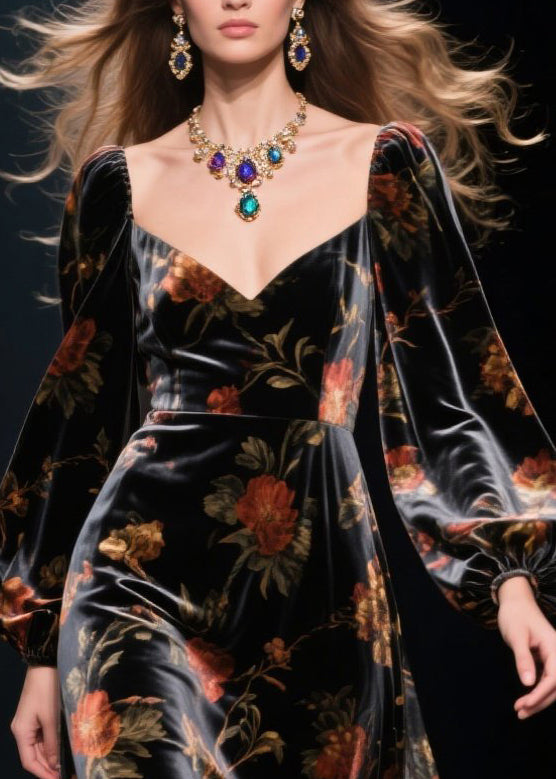 Vestido moderno de terciopelo de seda calado con patchwork y volantes negros para primavera