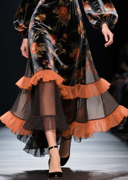 Vestido moderno de terciopelo de seda calado con patchwork y volantes negros para primavera