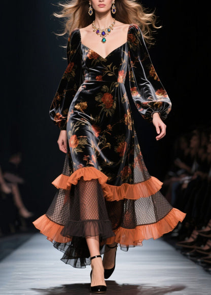 Vestido moderno de terciopelo de seda calado con patchwork y volantes negros para primavera