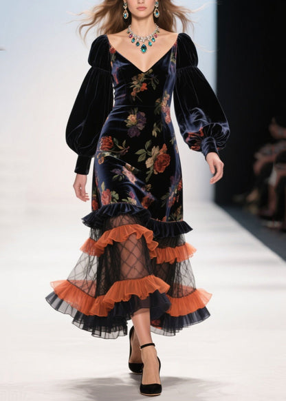 Vestido de noche moderno de terciopelo de seda con estampado de patchwork y volantes negros para primavera