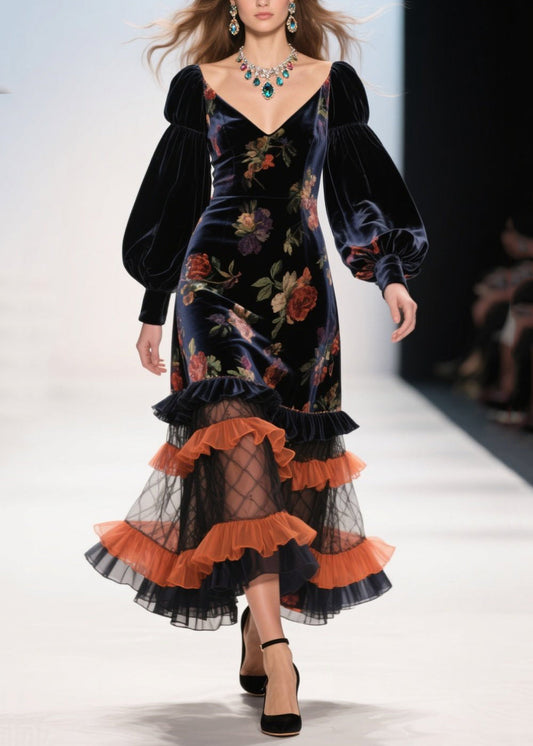 Vestido de noche moderno de terciopelo de seda con estampado de patchwork y volantes negros para primavera