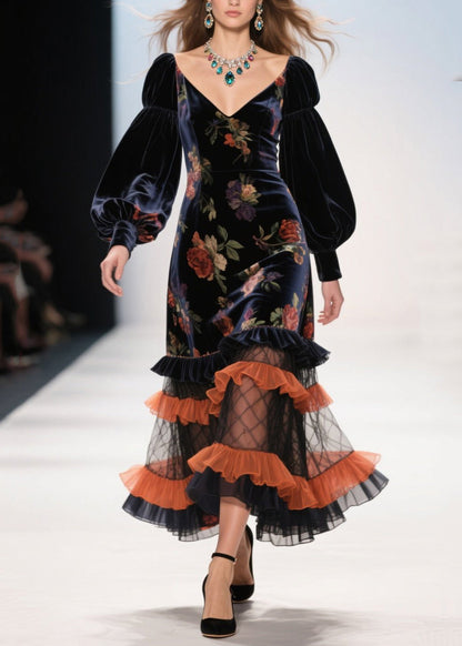 Vestido de noche moderno de terciopelo de seda con estampado de patchwork y volantes negros para primavera