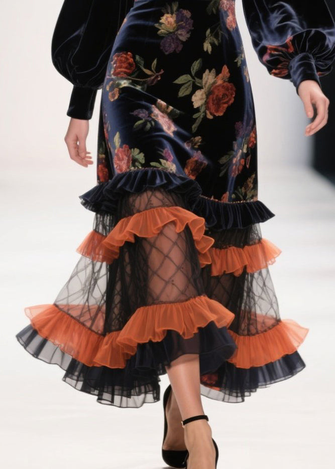 Vestido de noche moderno de terciopelo de seda con estampado de patchwork y volantes negros para primavera