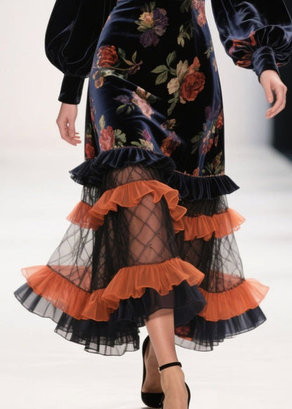 Vestido de noche moderno de terciopelo de seda con estampado de patchwork y volantes negros para primavera