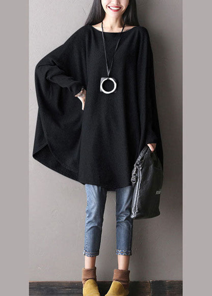 Moderne schwarze Strickpullover aus Wolle mit Schlitzausschnitt und lockerem Herbst