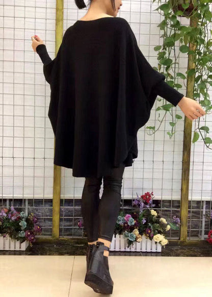Moderne schwarze Strickpullover aus Wolle mit Schlitzausschnitt und lockerem Herbst