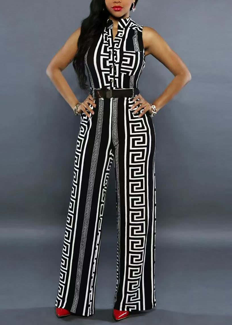 Modern Black Stand Collar Print Overalls Jumpsuit Summer