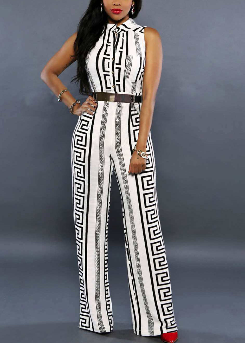 Modern Black Stand Collar Print Overalls Jumpsuit Summer