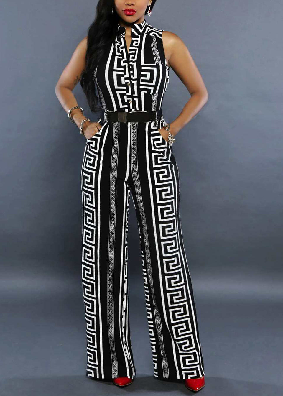 Modern Black Stand Collar Print Overalls Jumpsuit Summer