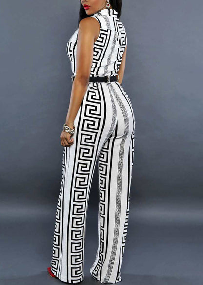 Modern Black Stand Collar Print Overalls Jumpsuit Summer