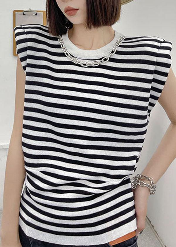Modern Black Striped Summer Tee Short Sleeve Cold Shoulder - SooLinen