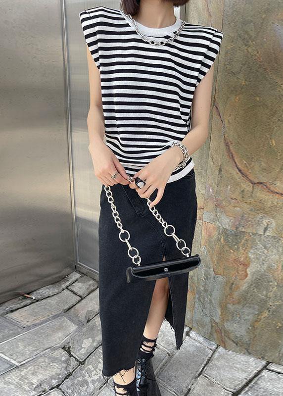 Modern Black Striped Summer Tee Short Sleeve Cold Shoulder - SooLinen