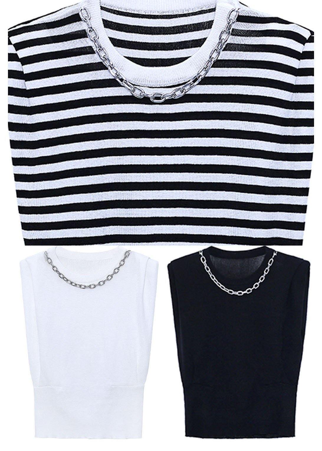 Modern Black Striped Summer Tee Short Sleeve Cold Shoulder - SooLinen