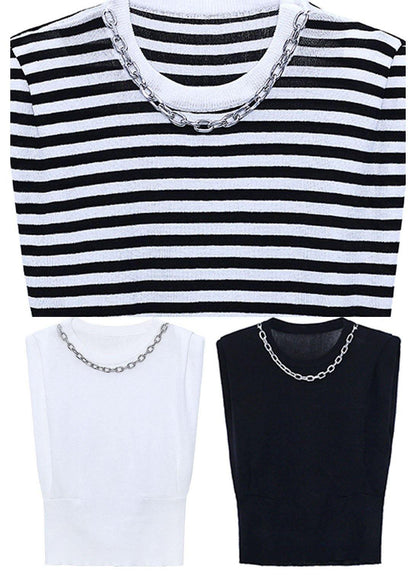 Modern Black Striped Summer Tee Short Sleeve Cold Shoulder - SooLinen