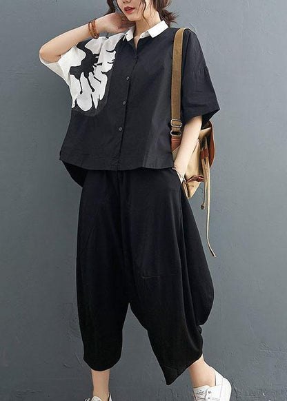 Modern Black Turn-down Collar Summer Cotton Linen Two Pieces Set - SooLinen