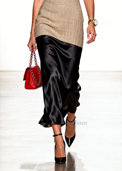 Modern Black V Neck Patchwork Silk Long Dresses Summer