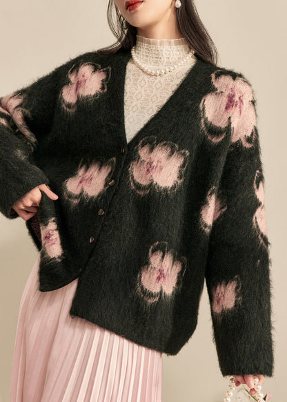 Moderner schwarzer Cardigan aus Baumwolle mit V-Ausschnitt und Print für den Frühling