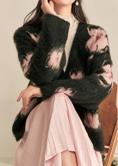 Moderner schwarzer Cardigan aus Baumwolle mit V-Ausschnitt und Print für den Frühling