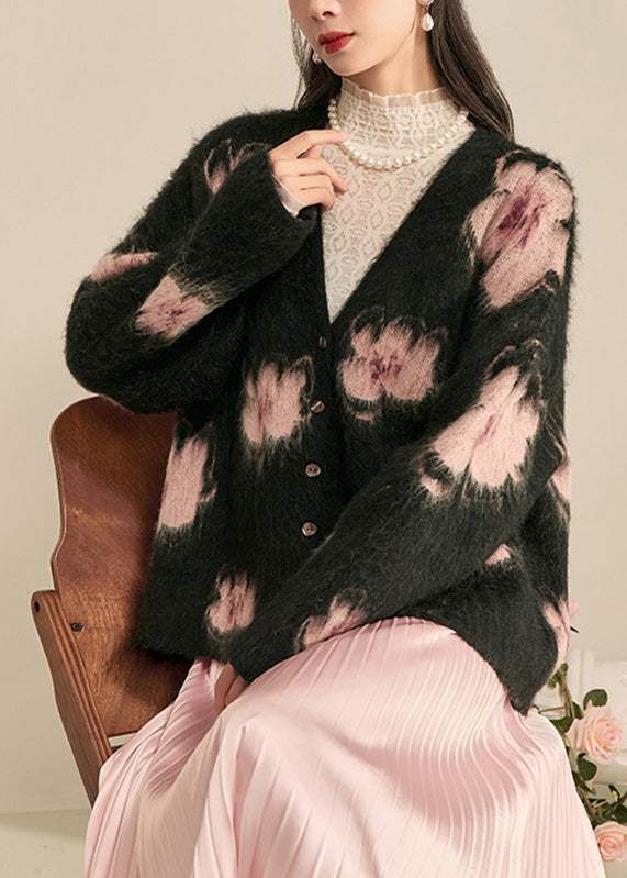 Moderner schwarzer Cardigan aus Baumwolle mit V-Ausschnitt und Print für den Frühling