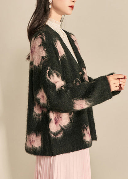 Moderner schwarzer Cardigan aus Baumwolle mit V-Ausschnitt und Print für den Frühling
