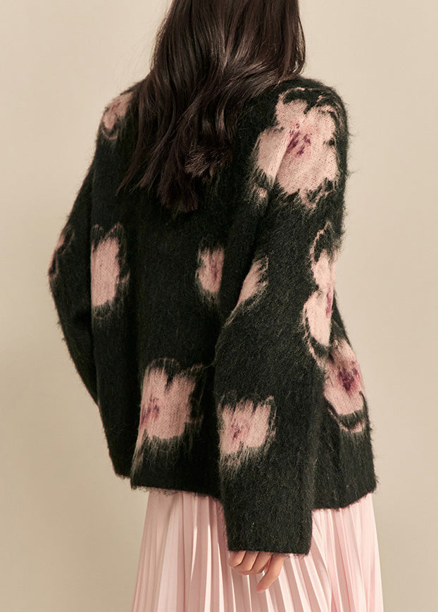 Moderner schwarzer Cardigan aus Baumwolle mit V-Ausschnitt und Print für den Frühling