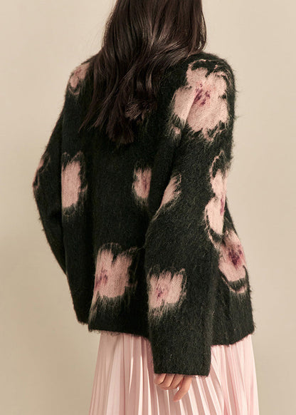 Moderner schwarzer Cardigan aus Baumwolle mit V-Ausschnitt und Print für den Frühling