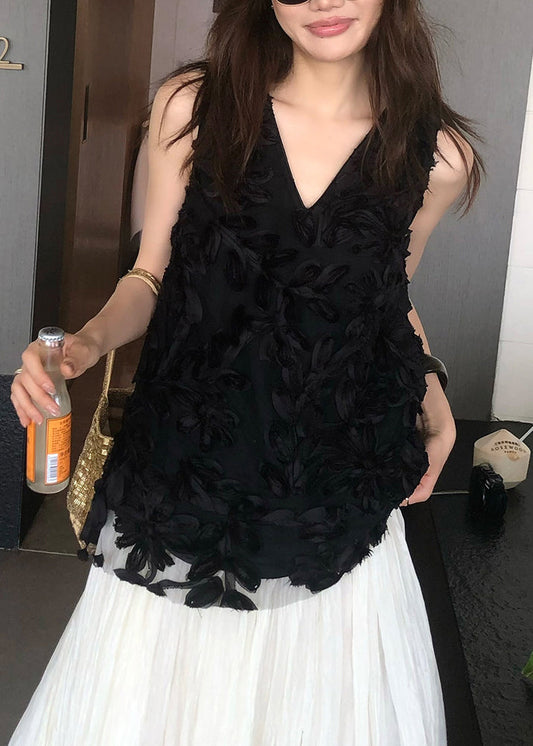 Modern Black V Neck Solid Tulle Vest Sleeveless