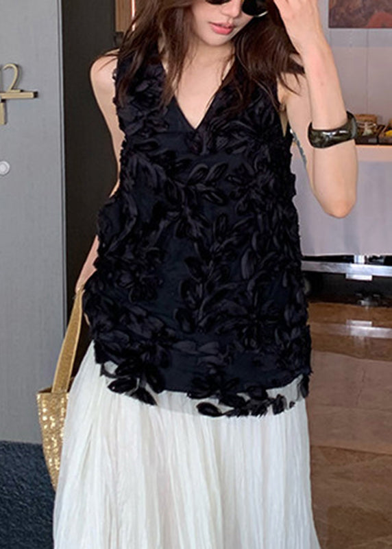Modern Black V Neck Solid Tulle Vest Sleeveless