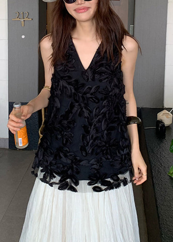 Modern Black V Neck Solid Tulle Vest Sleeveless