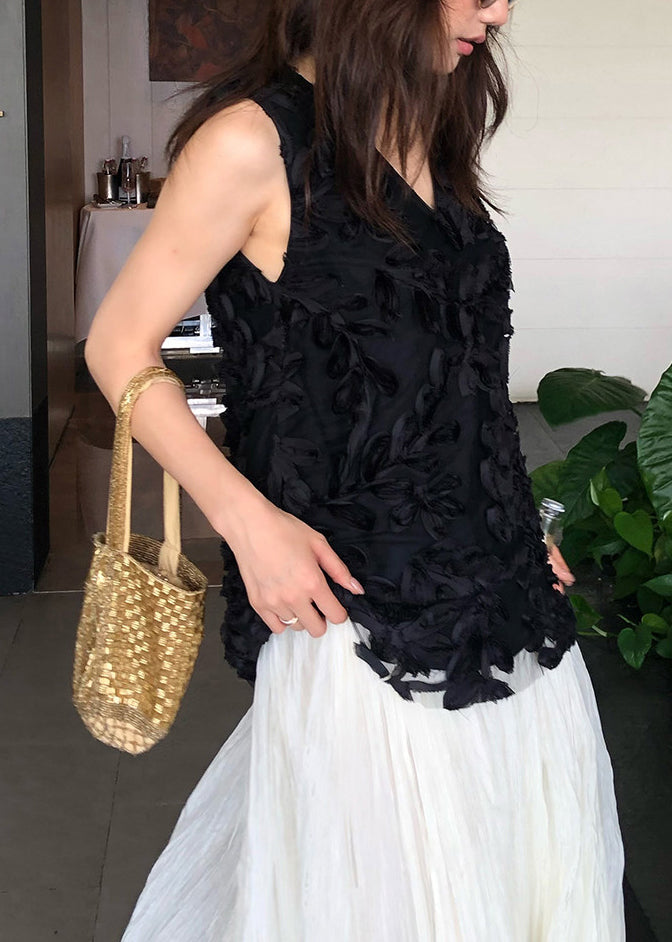 Modern Black V Neck Solid Tulle Vest Sleeveless