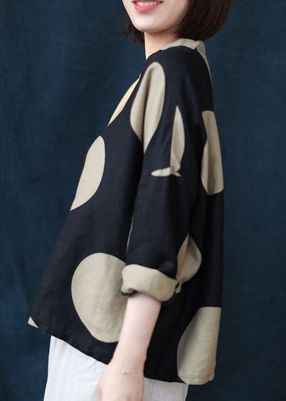 Moderne schwarze Leinenoberteile mit V-Ausschnitt und Punktdruck