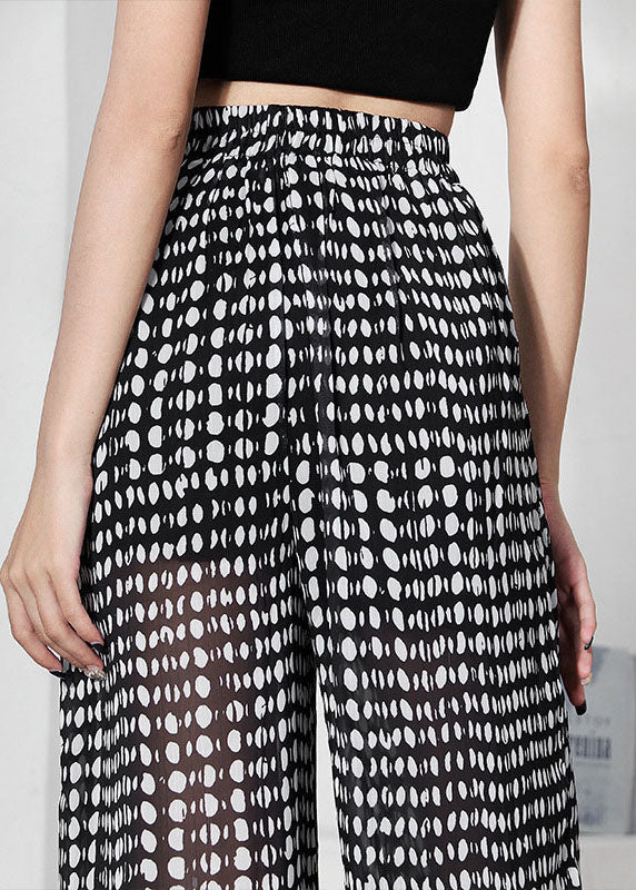 Modern Black White Dot High Waist Chiffon Wide Leg Pants Trousers