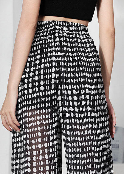 Modern Black White Dot High Waist Chiffon Wide Leg Pants Trousers
