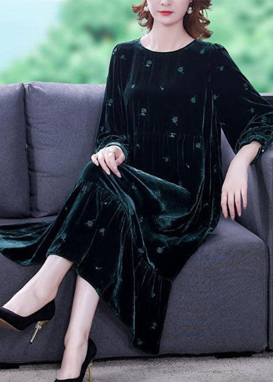 Modernes schwärzlich-grünes besticktes Patchwork-Falten-Seidenvelours-langes Kleid