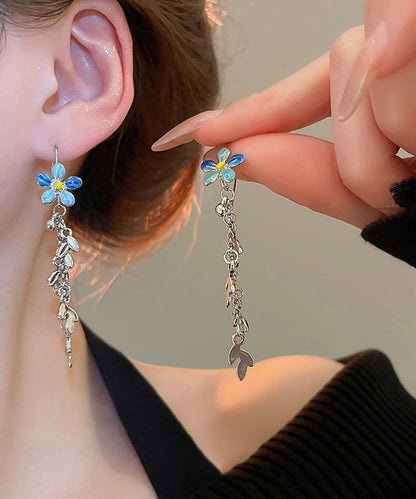Modern Blue Alloy Drip Glaze Hibiscus Leaf Tassel Drop Earrings
