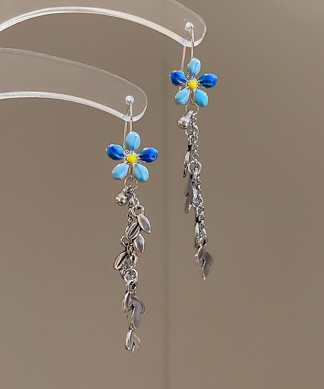 Modern Blue Alloy Drip Glaze Hibiscus Leaf Tassel Drop Earrings