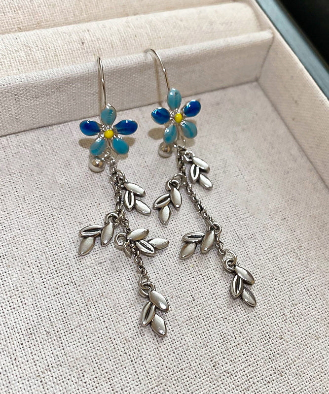 Modern Blue Alloy Drip Glaze Hibiscus Leaf Tassel Drop Earrings