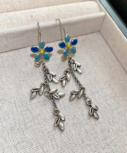 Modern Blue Alloy Drip Glaze Hibiscus Leaf Tassel Drop Earrings