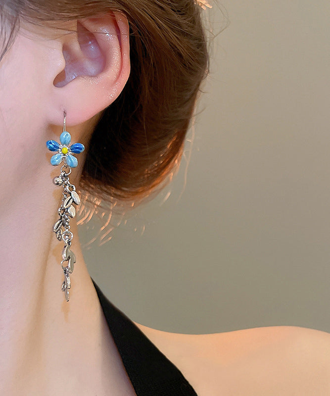 Modern Blue Alloy Drip Glaze Hibiscus Leaf Tassel Drop Earrings