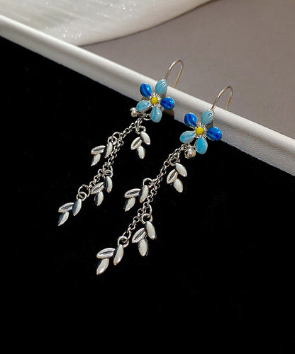 Modern Blue Alloy Drip Glaze Hibiscus Leaf Tassel Drop Earrings