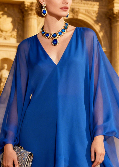 Modern Blue Asymmetrical Chiffon Beach Dresses Batwing Sleeve