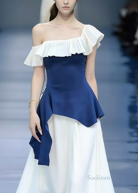 Modern Blue Asymmetrical Patchwork Top And Maxi Skirts Two Pieces Set Short Sleeve