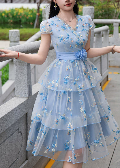 Modern Blue Embroidered Floral Tulle Dress Summer