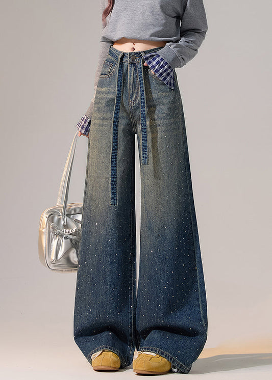 Modern Blue Gradient Color Zircon Lace Up Denim Wide Leg Pants Spring