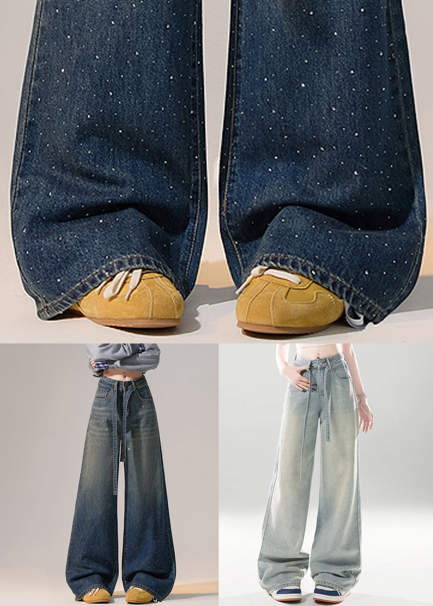 Modern Blue Gradient Color Zircon Lace Up Denim Wide Leg Pants Spring